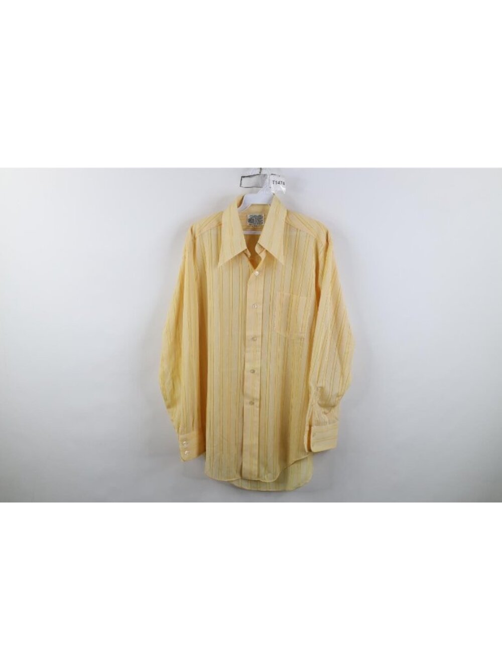 Vtg 70s Sheer Dagger Collar Knit Button Shirt Mens Size 16.5 33 Yellow Striped